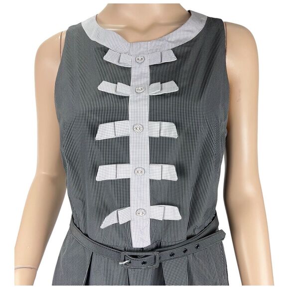 Eva Franco Belted Sleeveless Dress SZ 8 Black White Grid Pattern Bows Buttons - Picture 3 of 11